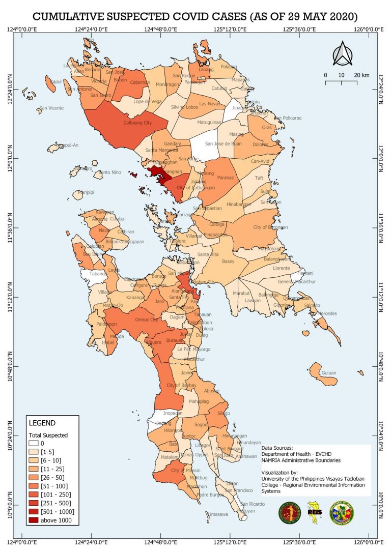 As of 29 May 2020, there are 3,382 cumulative suspected COVID-19 cases in Eastern Visayas, majority of which have already recovered and are currently asymptomatic. The map shows that Tarangnan, Samar has the highest cumulative suspected cases in Eastern Visayas.