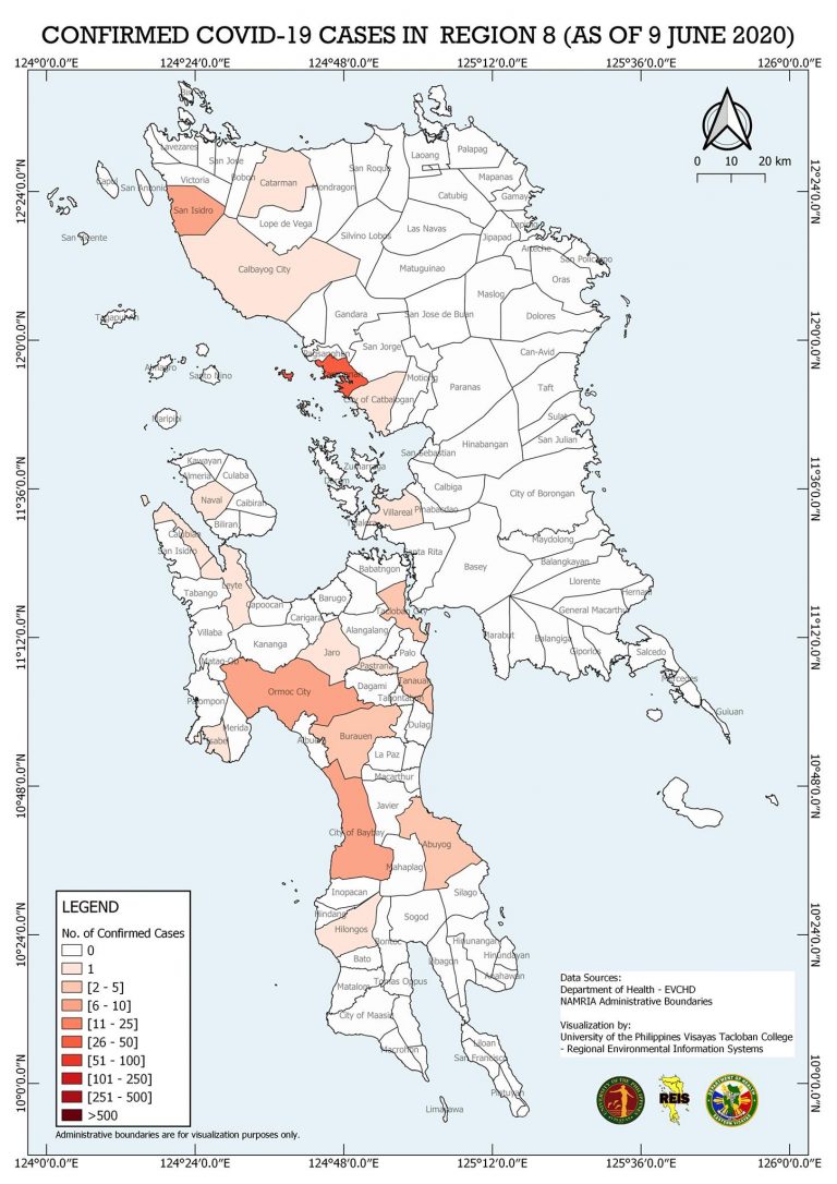 As of 9 June 2020, Region 8 has a total of 72 confirmed COVID-19 cases. While Tarangnan, Samar still has the highest number of cases in the region, in the 18 days since the publication of the first maps new cases of COVID-19 have emerged in nine municipalities and three cities in Leyte province, one municipality in the Province of Samar, one municipality in the Province of Northern Samar, and one municipality in the Province of Biliran.
