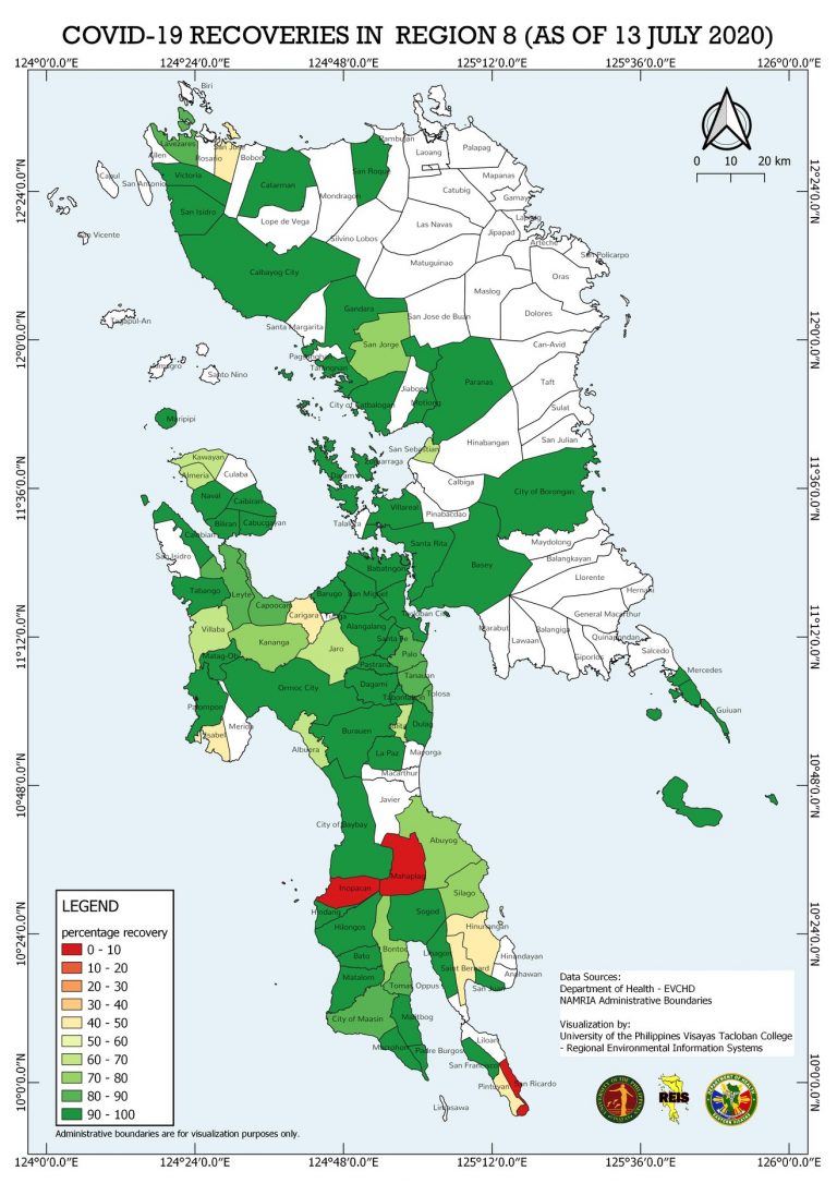 Of the 646 confirmed COVID-19 cases reported as of 13 July 2020, 606 have been classified as recovered from COVID-19. The lowest percentages of recovery were noted in the municipalities of Inopacan and Mahaplag, from the province of Leyte and San Ricardo from the province of Southern Leyte at 0-10%.