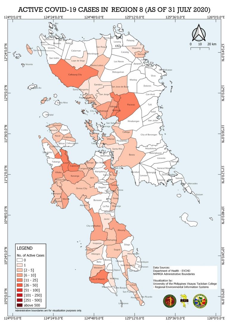 Of the 936 confirmed COVID-19 cases reported as of 31 July 2020, 263 are still active cases which are either admitted in health facilities or under strict home/community isolation. The areas with the highest number of active cases are Paranas, Samar with 18 cases, Motiong, Samar with 15 cases, Capoocan, Leyte with 13 cases, and Calbayog, Samar, Leyte, Leyte, and Maasin City all with 11 cases each.